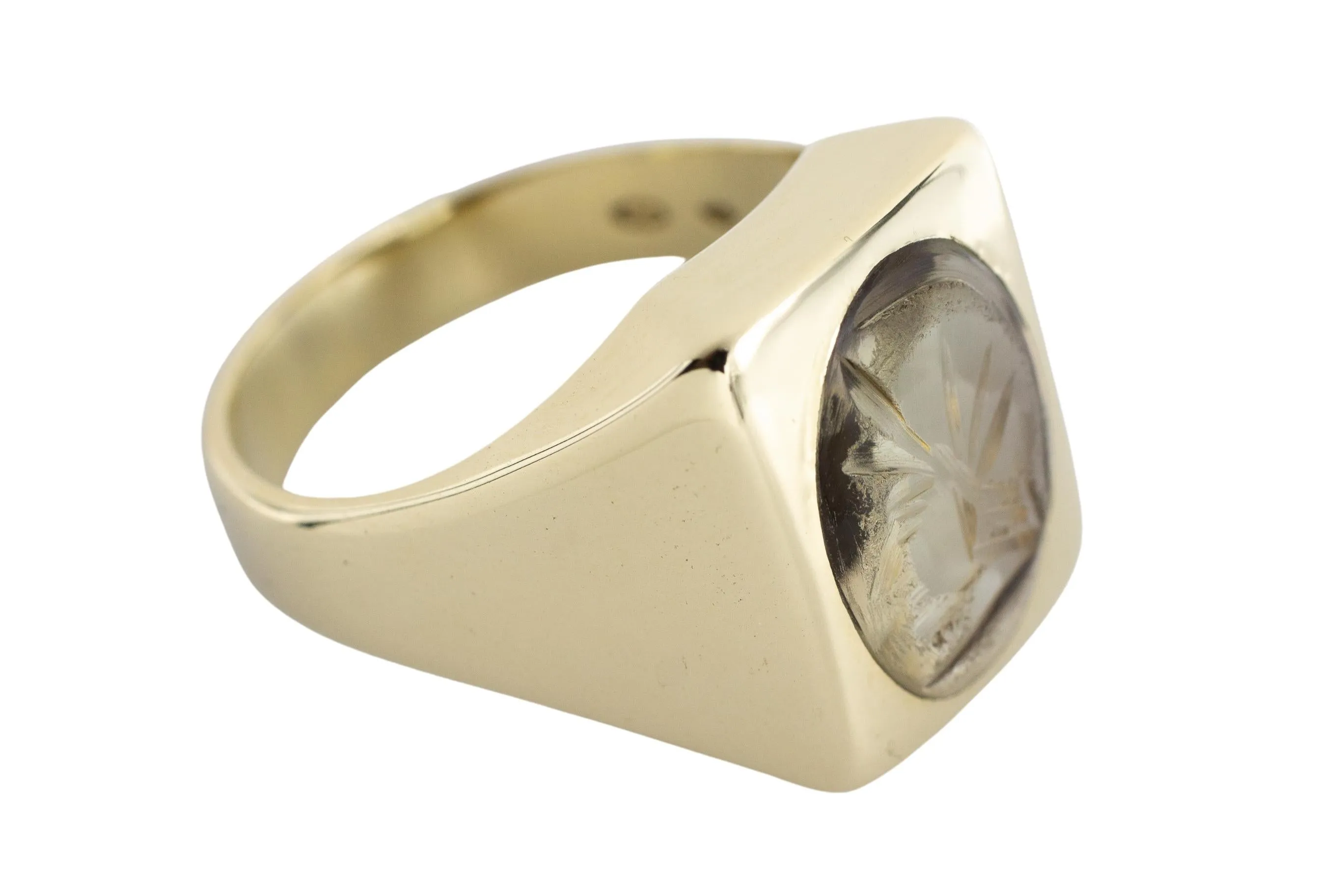 14 carat gold signet ring with a rock crystal intaglio