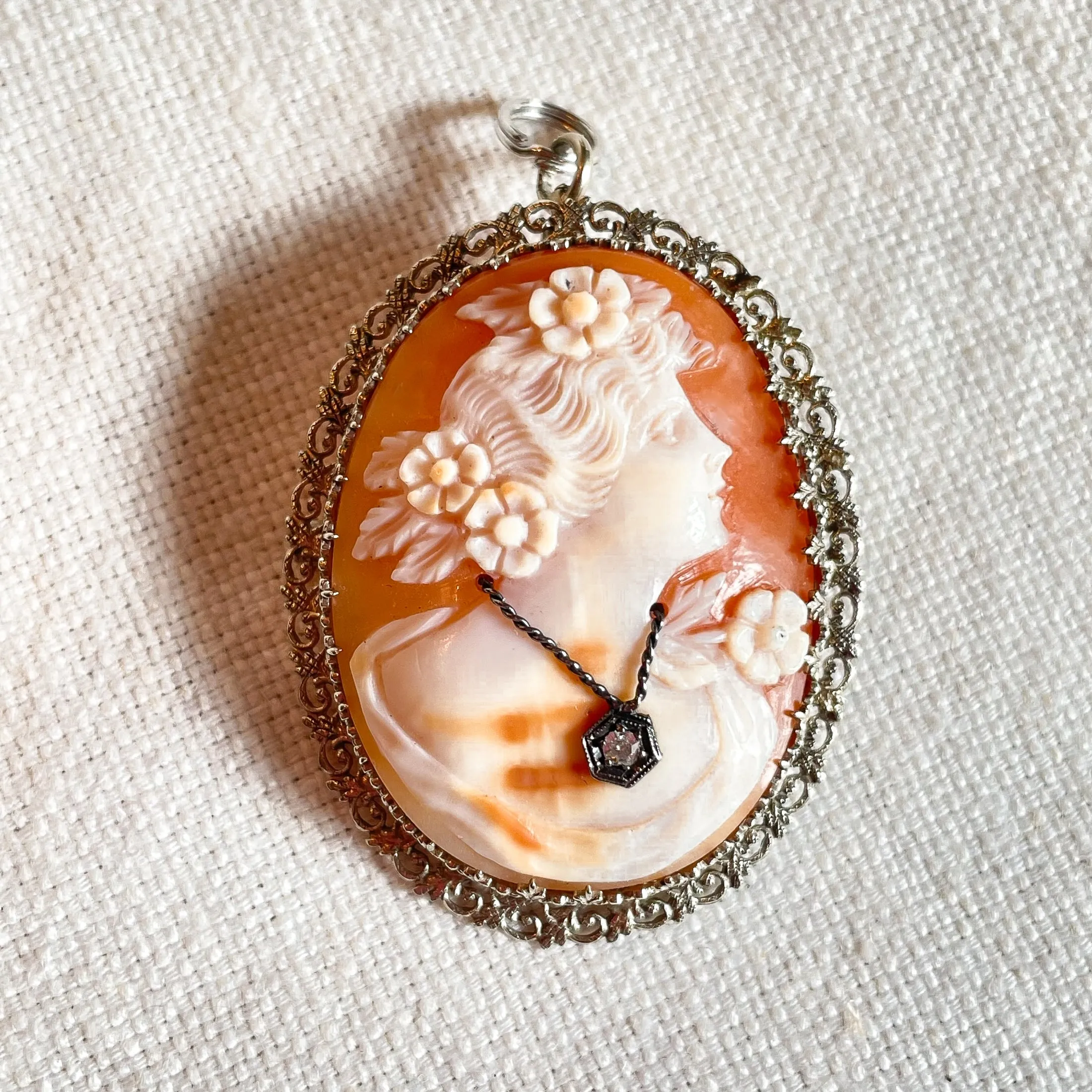 14K White Gold Antique Cameo Pendant/Brooch, Antique Victorian Habille Cameo