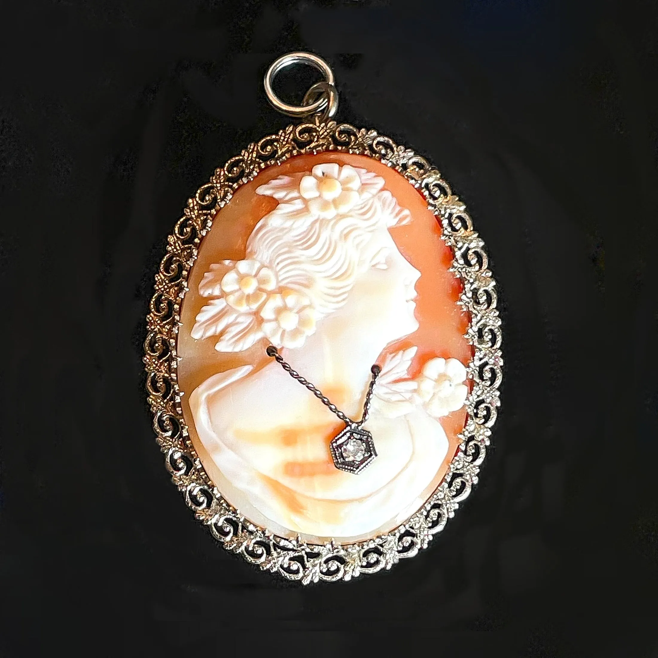 14K White Gold Antique Cameo Pendant/Brooch, Antique Victorian Habille Cameo