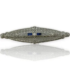 1920s Art Deco 14k White Gold Solid Rhodium Plated Top Blue Sapphire Transitional Cut Diamond Brooch Pin