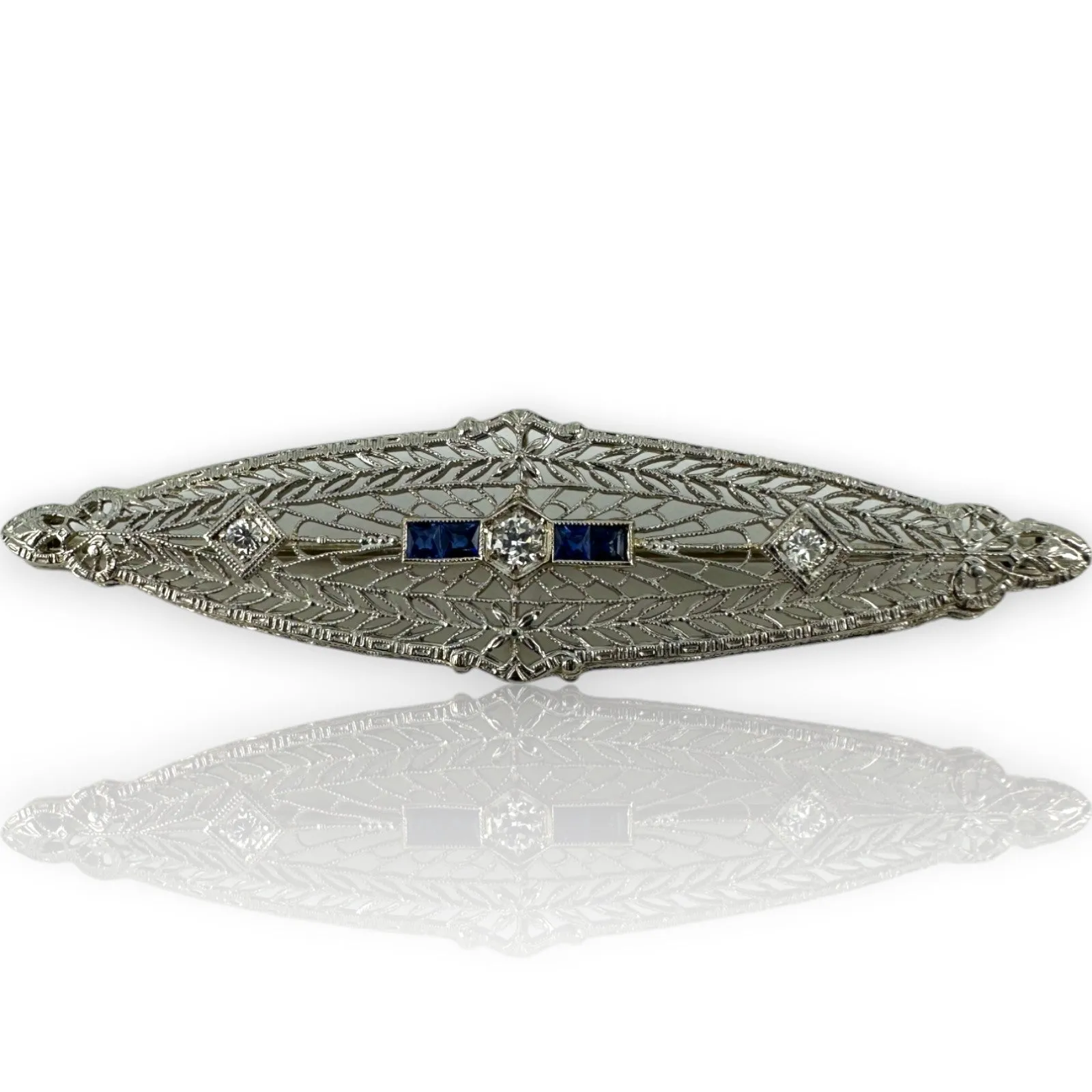 1920s Art Deco 14k White Gold Solid Rhodium Plated Top Blue Sapphire Transitional Cut Diamond Brooch Pin