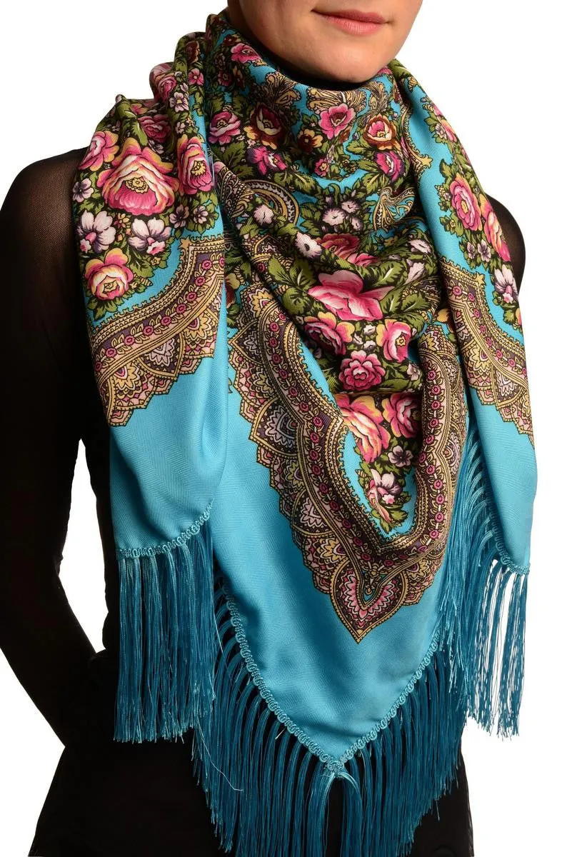 Azure Blue "Plyaski" Slavonic Russian Folk Style Shawl