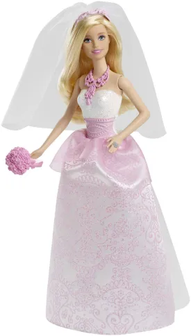 Barbie Bride Doll in White & Pink Wedding Gown With Veil, Necklace & Bouquet