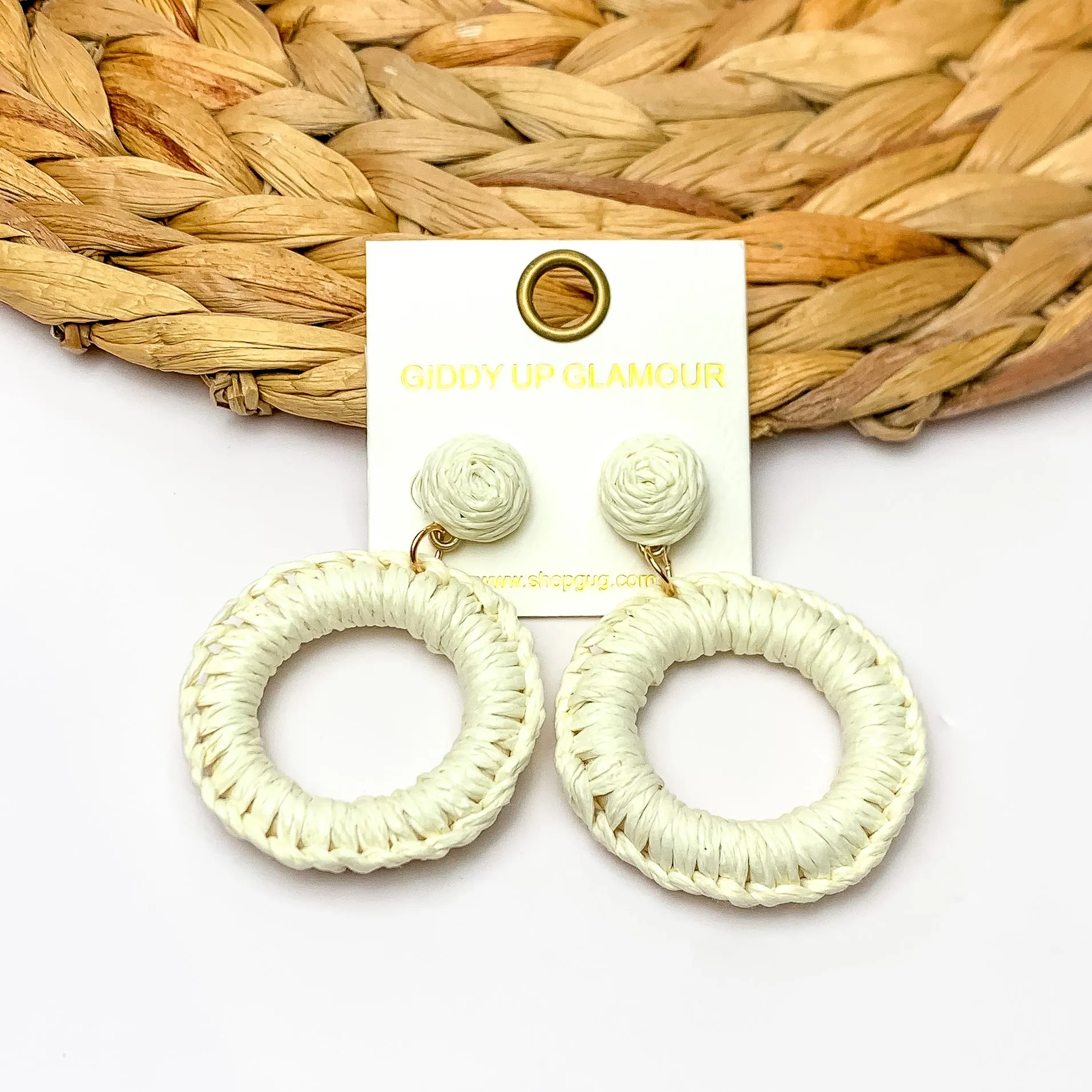 Beachside Café Raffia Wrapped Circle Earrings in Ivory White