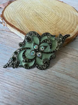 Catherine Popesco Light Green Enamel & Rhinestone Abstract Silver Tone Brooch