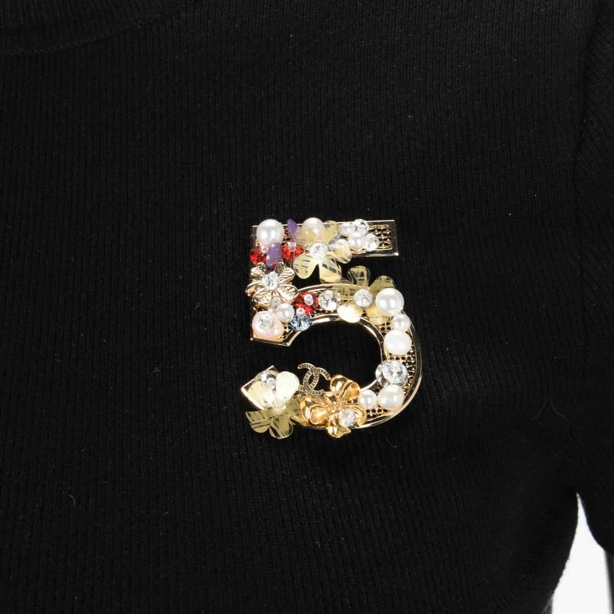 Chanel Light Gold Pearl & Flower Embellished No. 5 Brooch