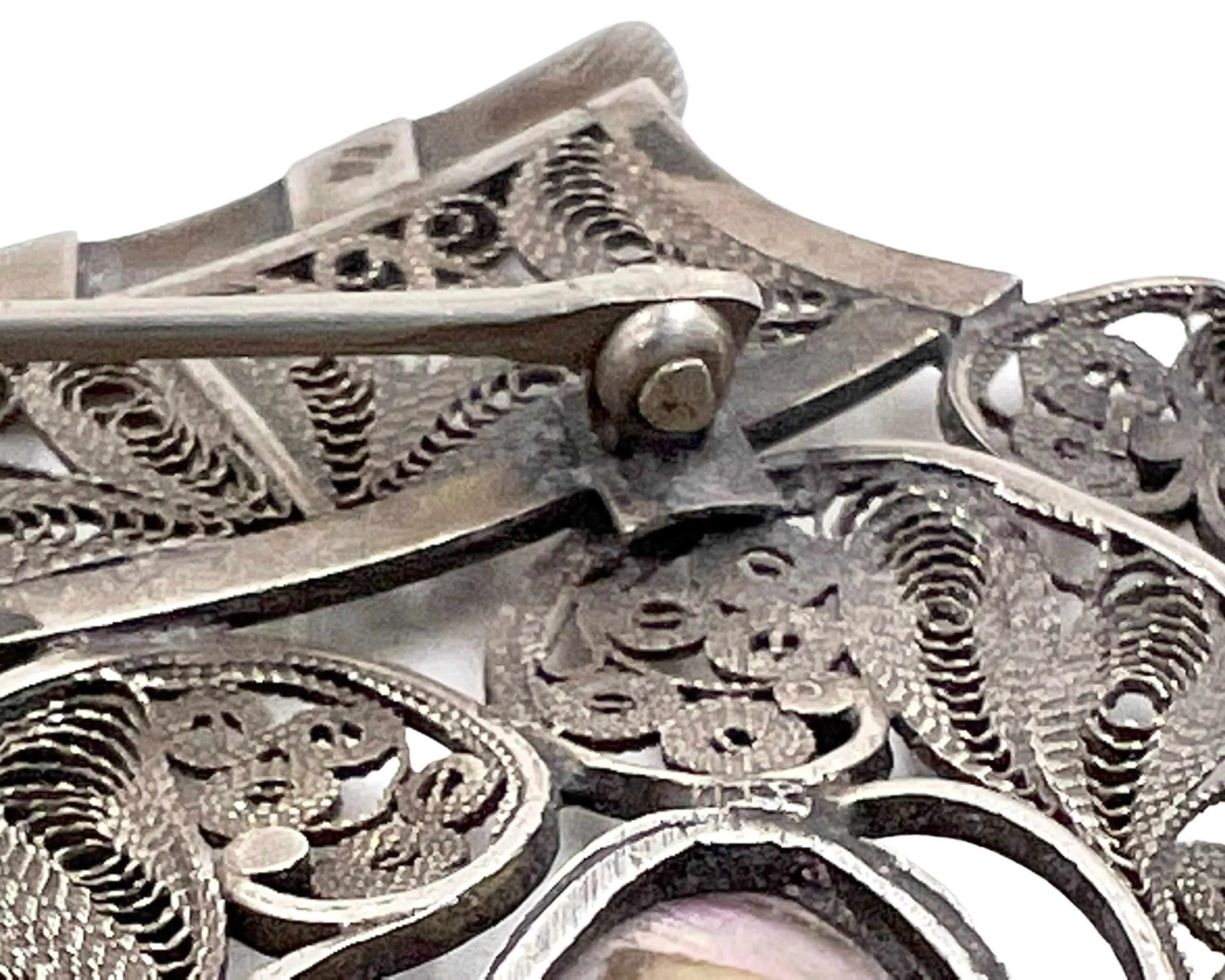 Large Vintage Silver Filigree Brooch w Abalone Drops Egyptian North African 4.13 - VFG