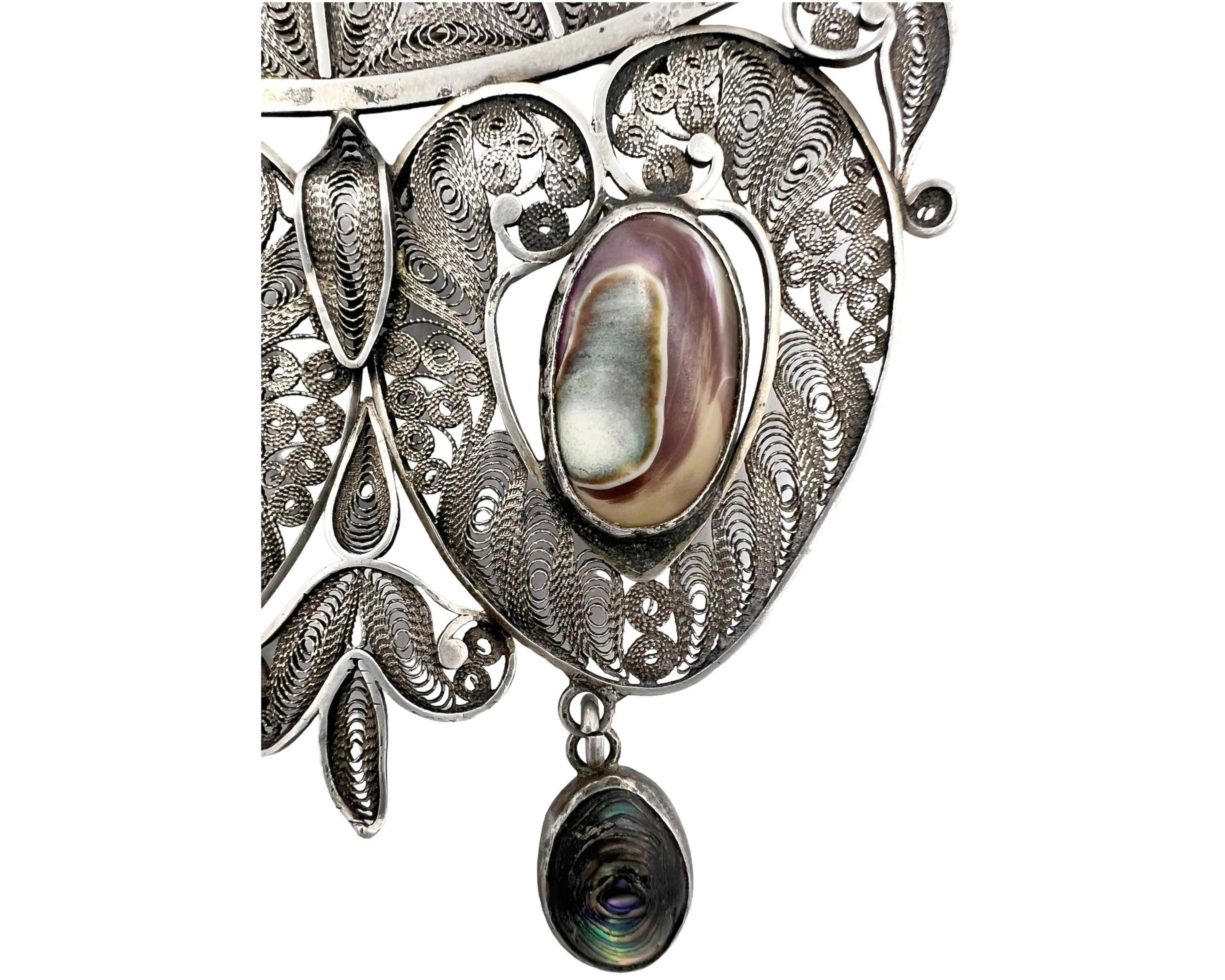 Large Vintage Silver Filigree Brooch w Abalone Drops Egyptian North African 4.13 - VFG