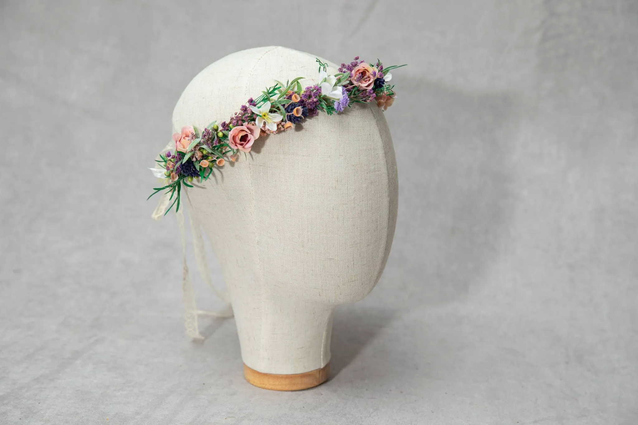 Meadow flower hair wreath Bridal flower crown with roses Hair flowers Bridal hairstyle inspo Navy and peach flower hair wreath Wildflowers