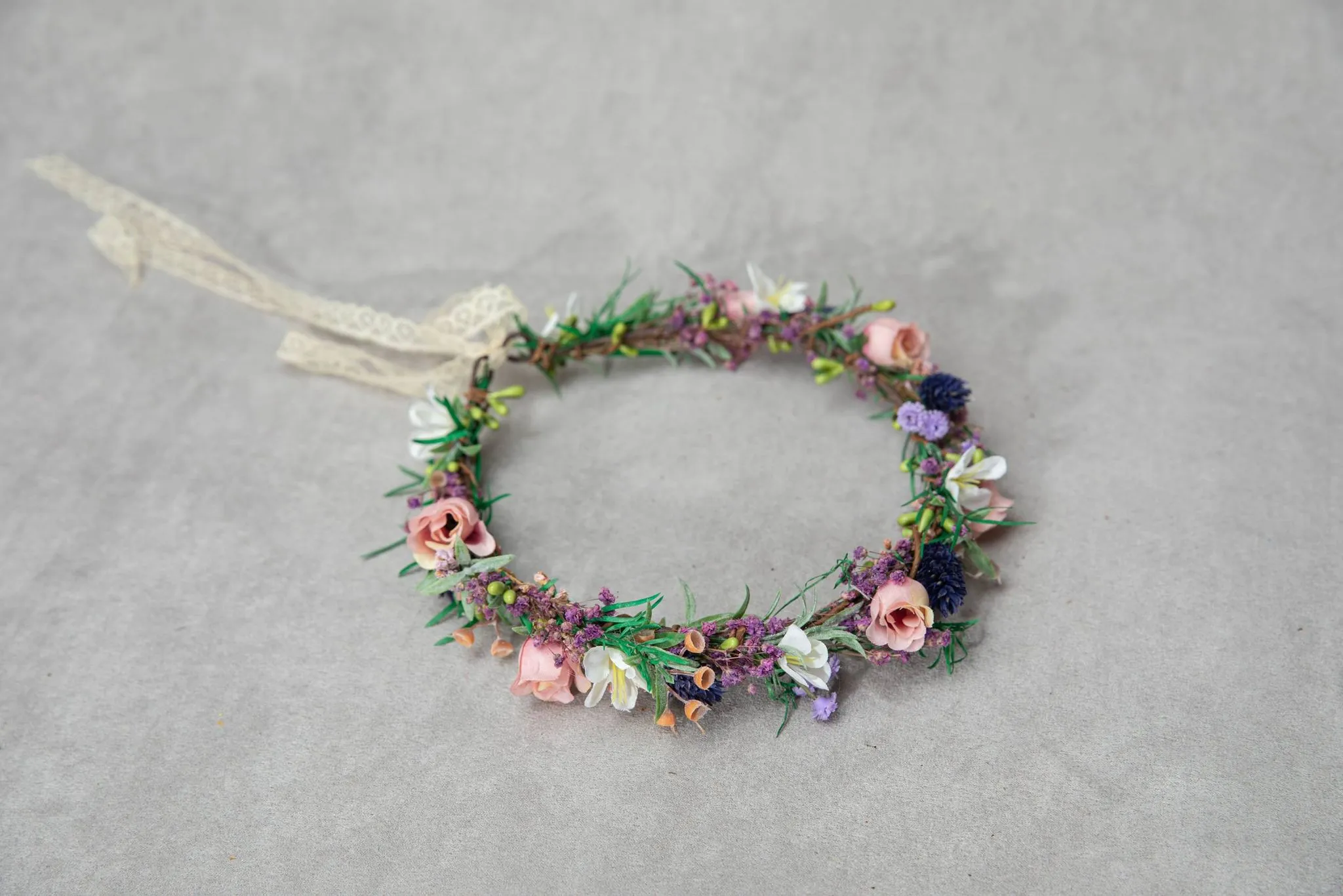 Meadow flower hair wreath Bridal flower crown with roses Hair flowers Bridal hairstyle inspo Navy and peach flower hair wreath Wildflowers