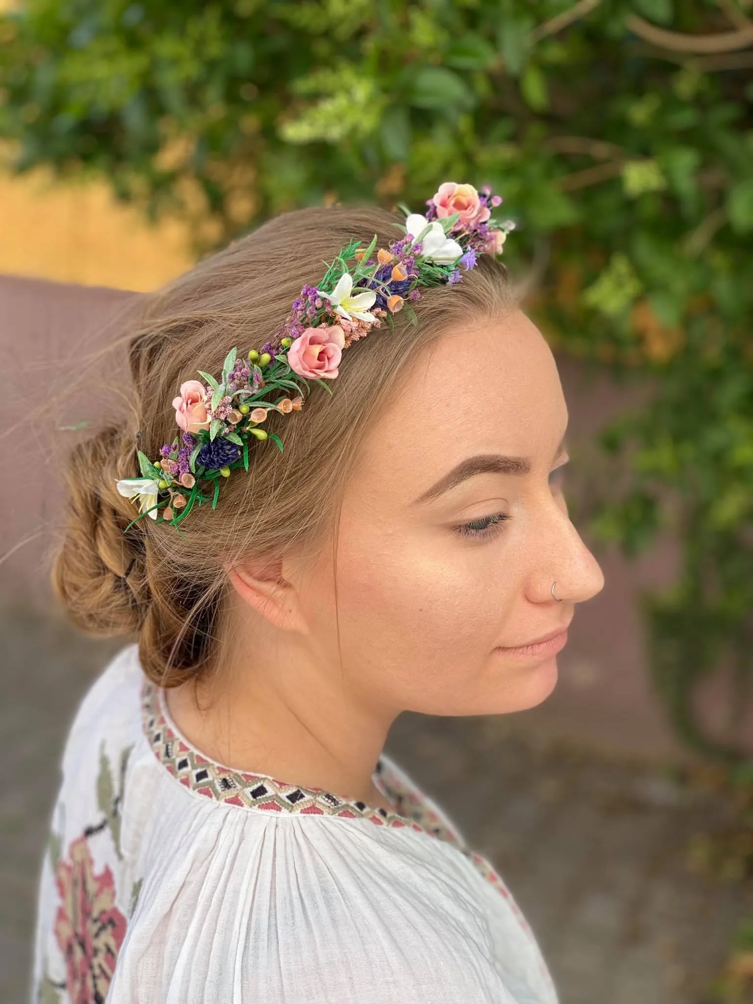 Meadow flower hair wreath Bridal flower crown with roses Hair flowers Bridal hairstyle inspo Navy and peach flower hair wreath Wildflowers