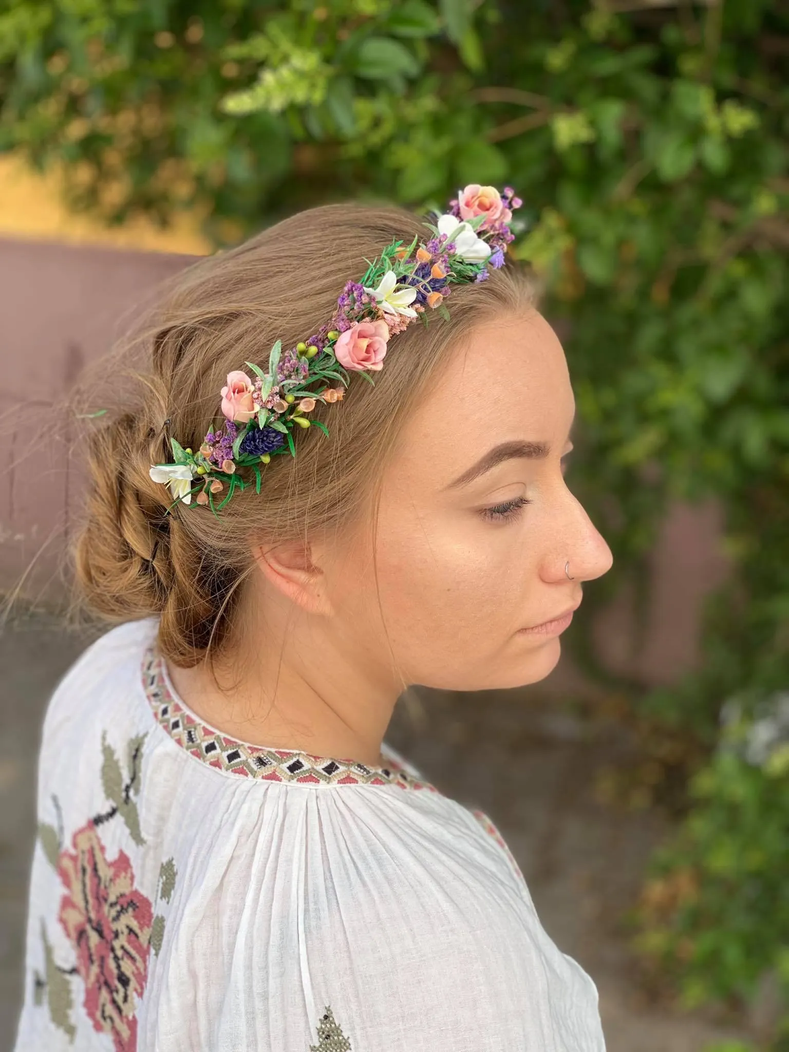 Meadow flower hair wreath Bridal flower crown with roses Hair flowers Bridal hairstyle inspo Navy and peach flower hair wreath Wildflowers