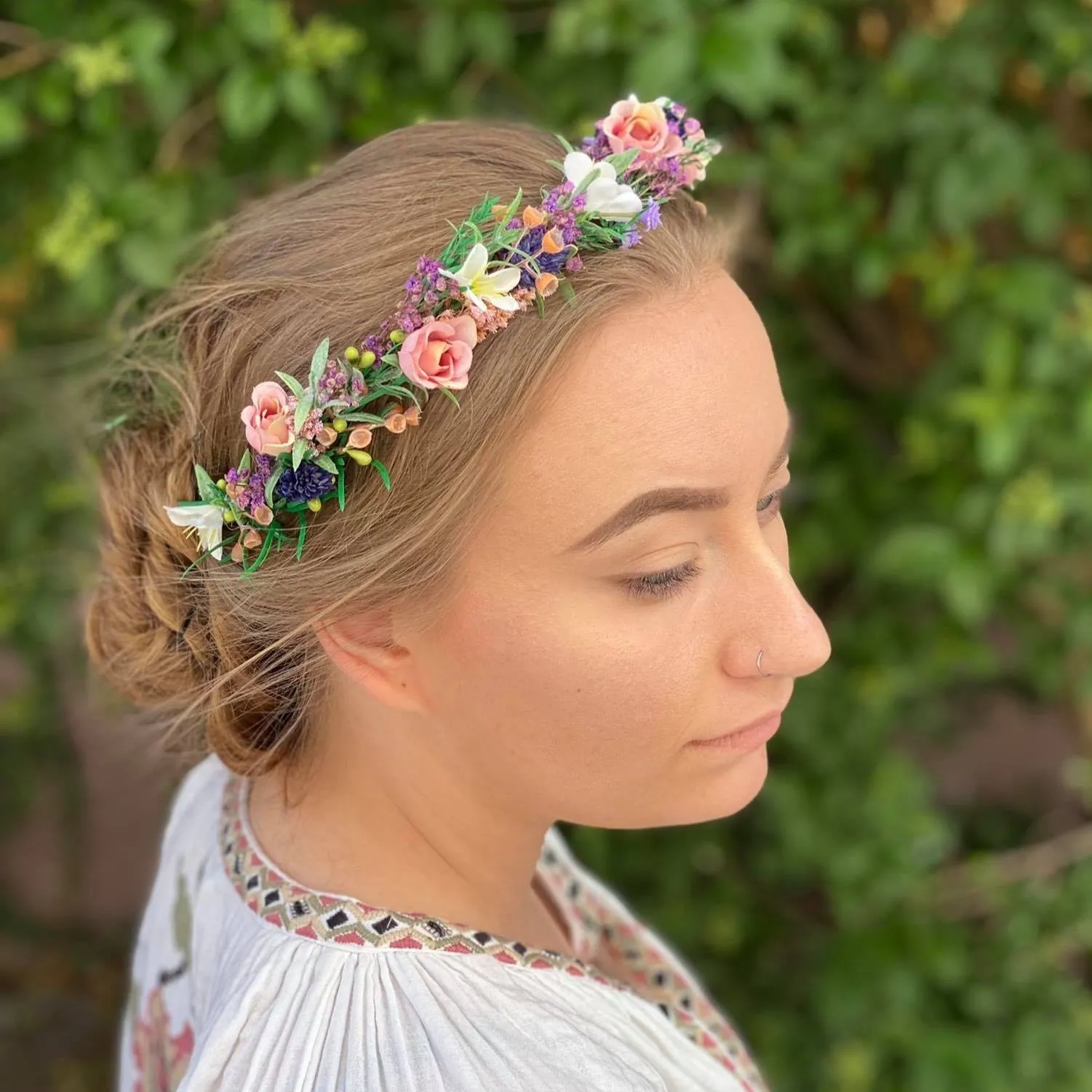 Meadow flower hair wreath Bridal flower crown with roses Hair flowers Bridal hairstyle inspo Navy and peach flower hair wreath Wildflowers