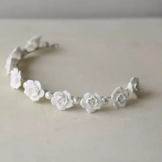 Roselle White Ceramic Floral Pearl Headband