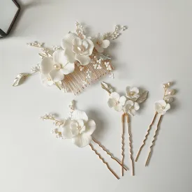 Simona Ceramic Pearl Floral Comb   Pins Set