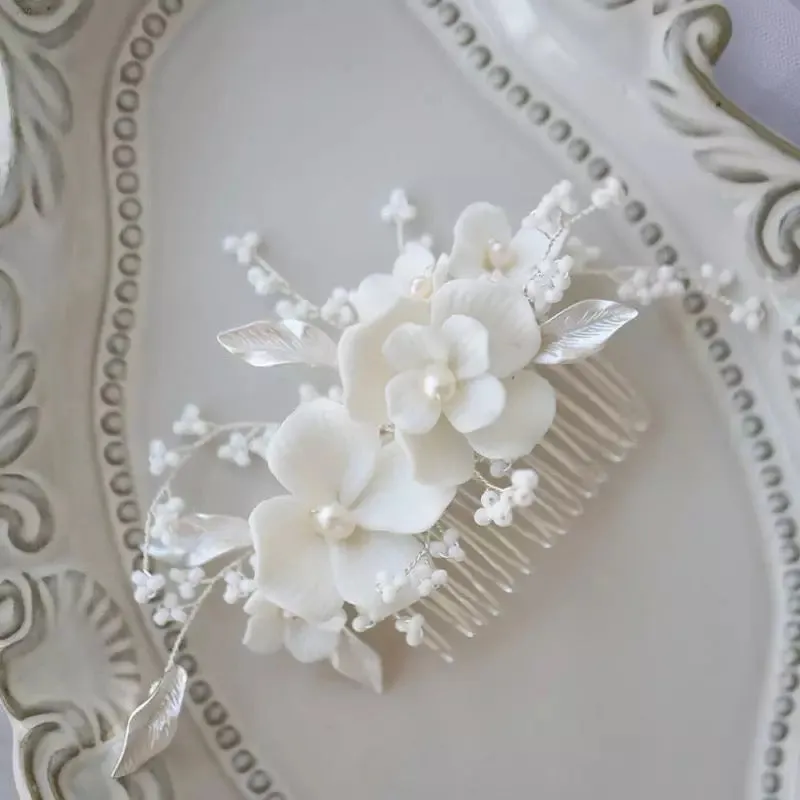 Simona White Ceramic Pearl Floral Hair Comb