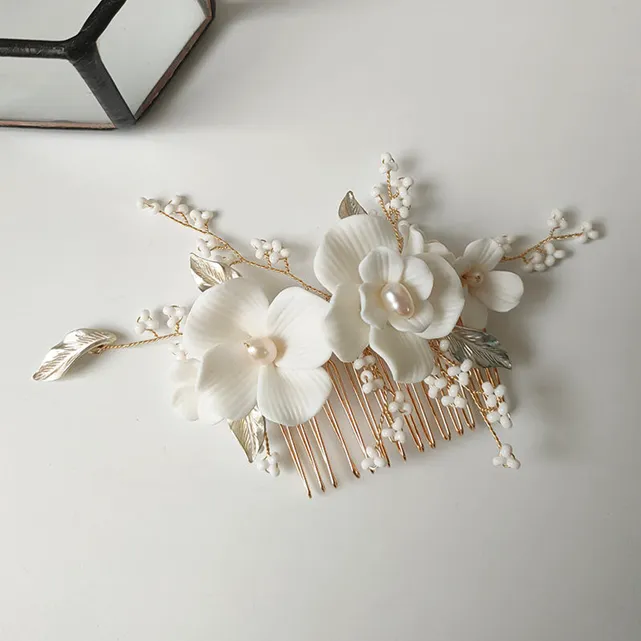 Simona White Ceramic Pearl Floral Hair Comb