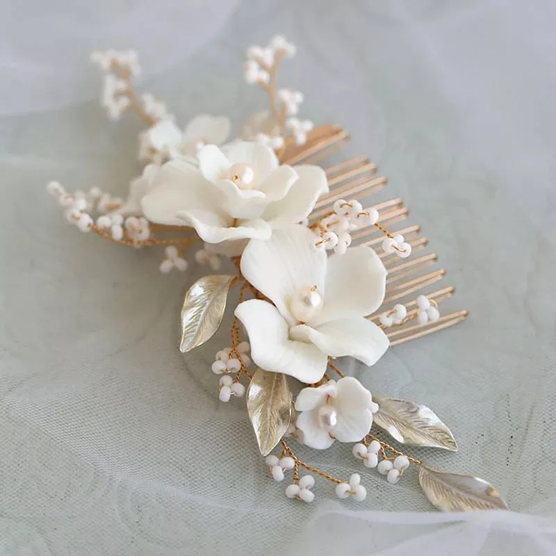 Simona White Ceramic Pearl Floral Hair Comb