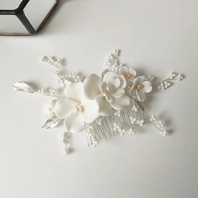 Simona White Ceramic Pearl Floral Hair Comb