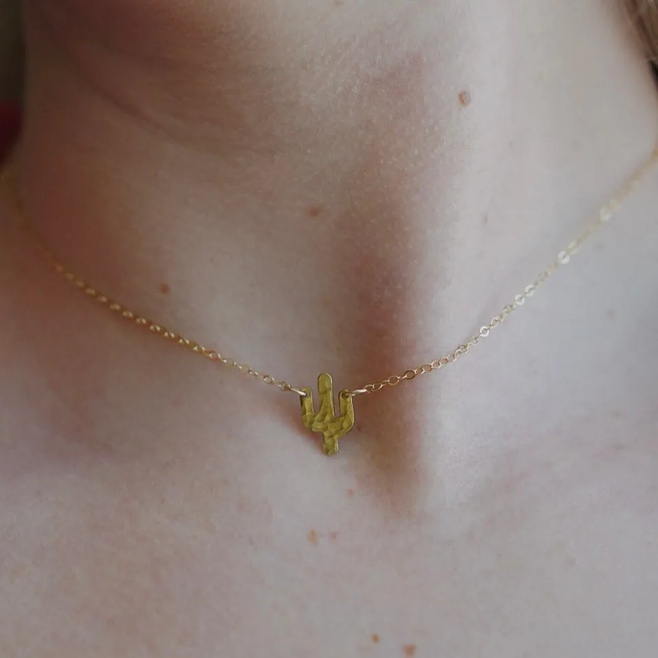 Tiny Cactus Hammered Necklace in Brass and Gold FIll